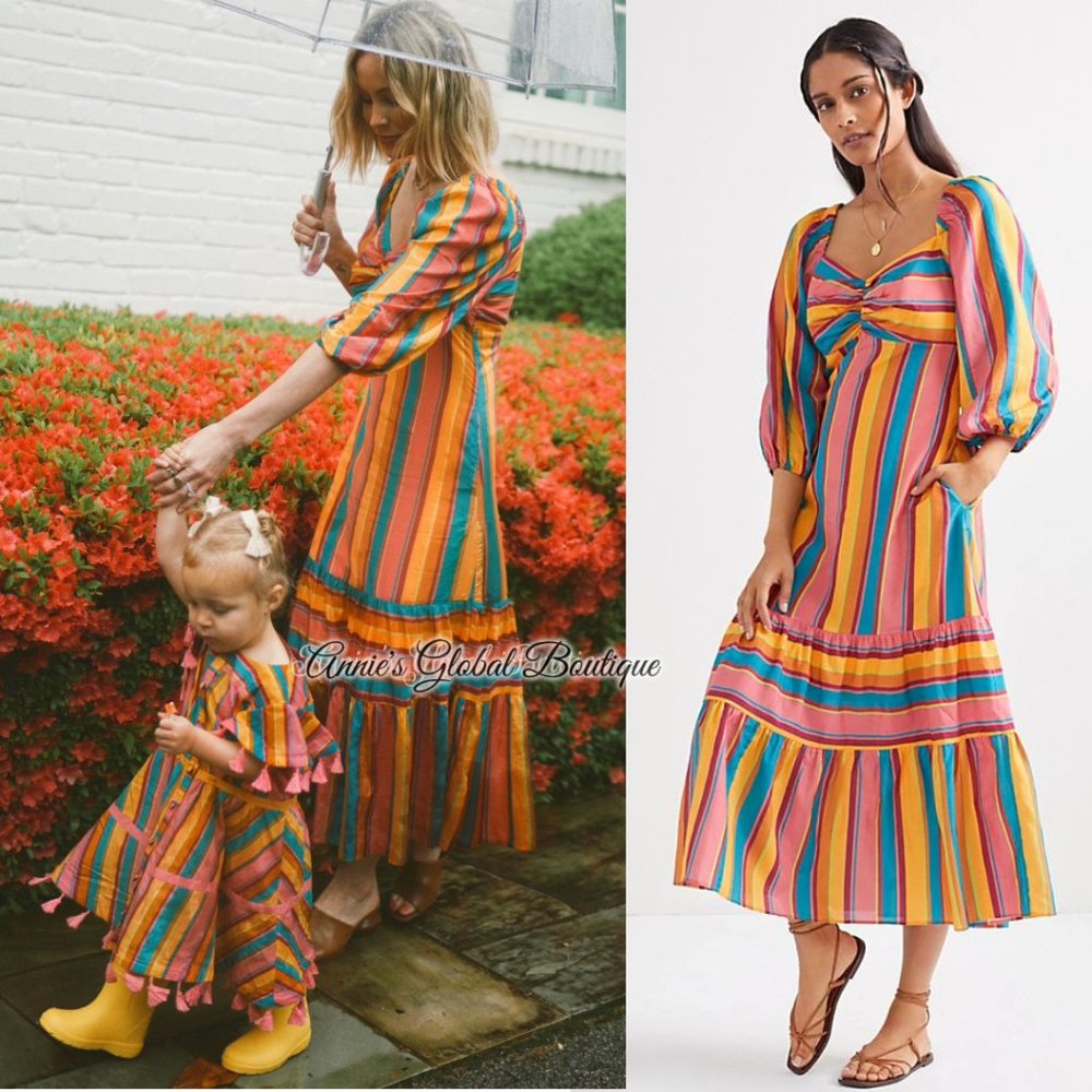 RARE NWT ANTHROPOLOGIE FARM RIO Rainbow Striped Flounced Midi Dress. Size L - Picture 8 of 16
